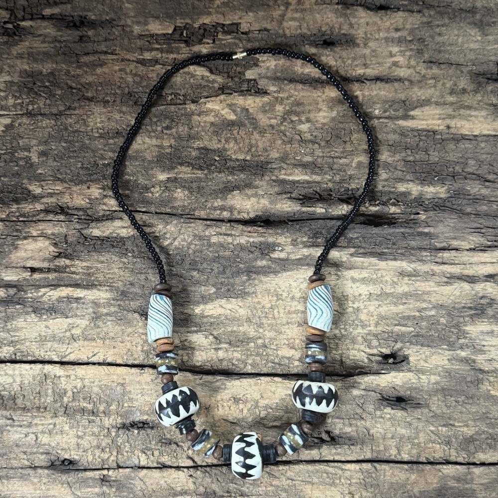 Vintage Tribal Necklace, African Krobo Glass Bicone, Dark Chocolate, Batik Bone